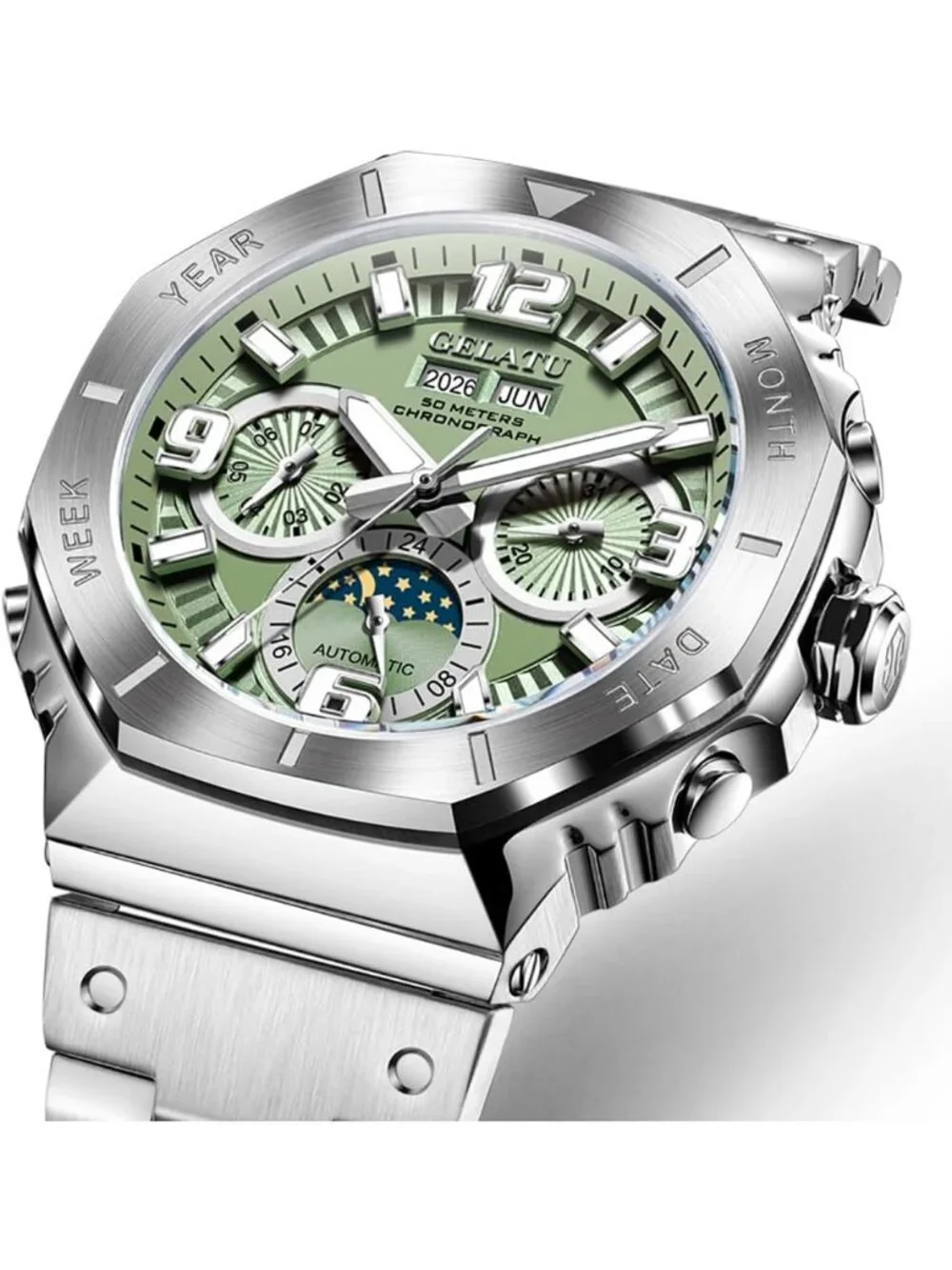 Men's Silver Case-Green Dial Automatic Mechanical Multi-Function Luxury Watch